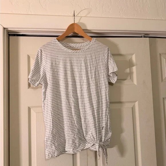 Eddie Bauer Striped White and Gray Tie-Front T-Shirt - Picture 1 of 2